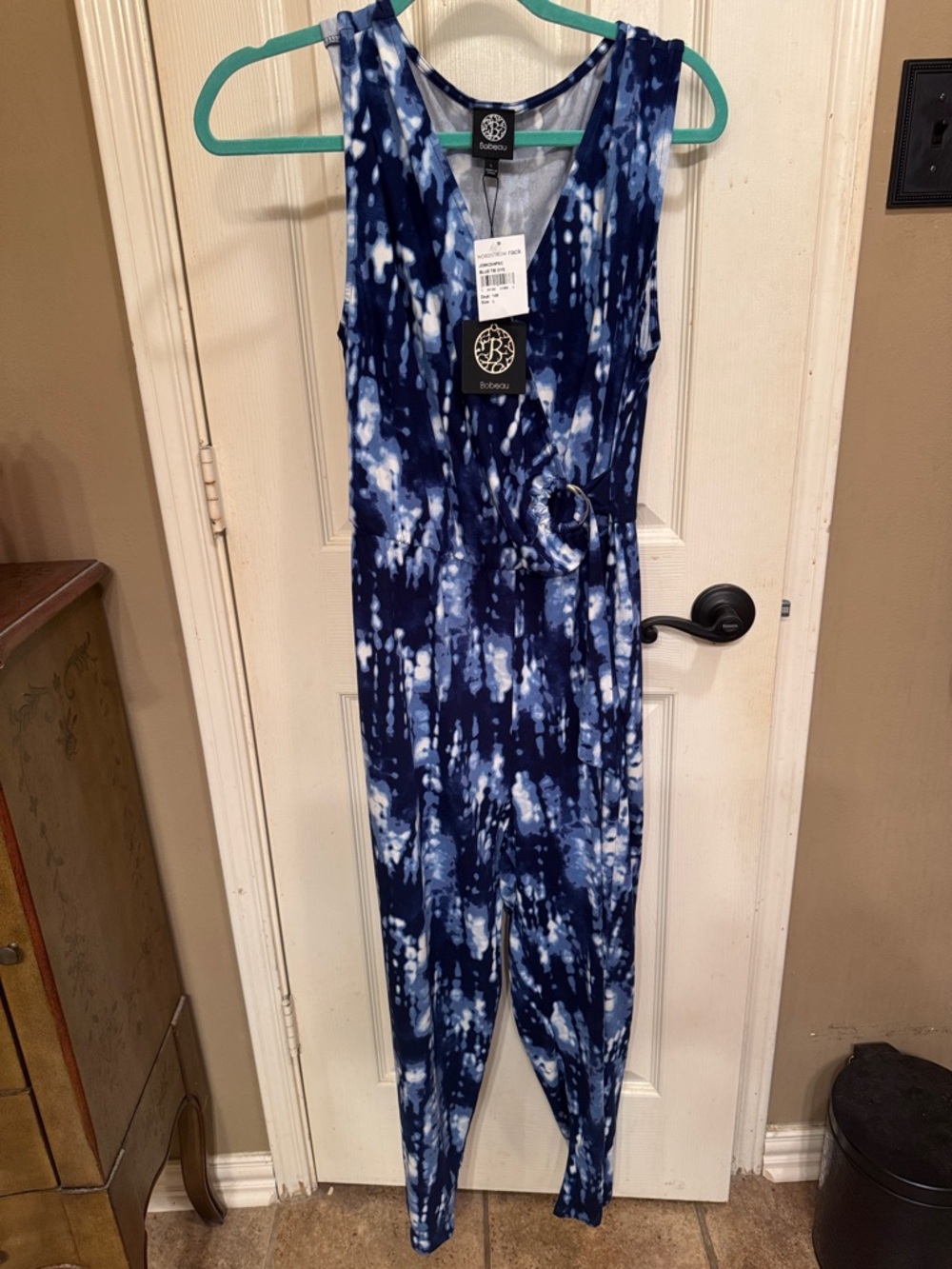 bobeau Blue and White Tie-Dye Wrap Jumpsuit